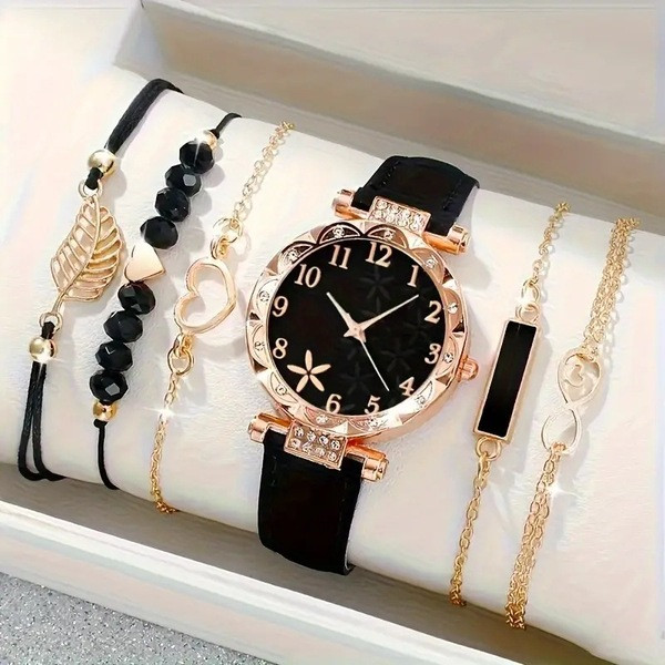 women's watch new style ladies diamond dial belt quartz watch beaded bracelet set 6pcs/set hot sale